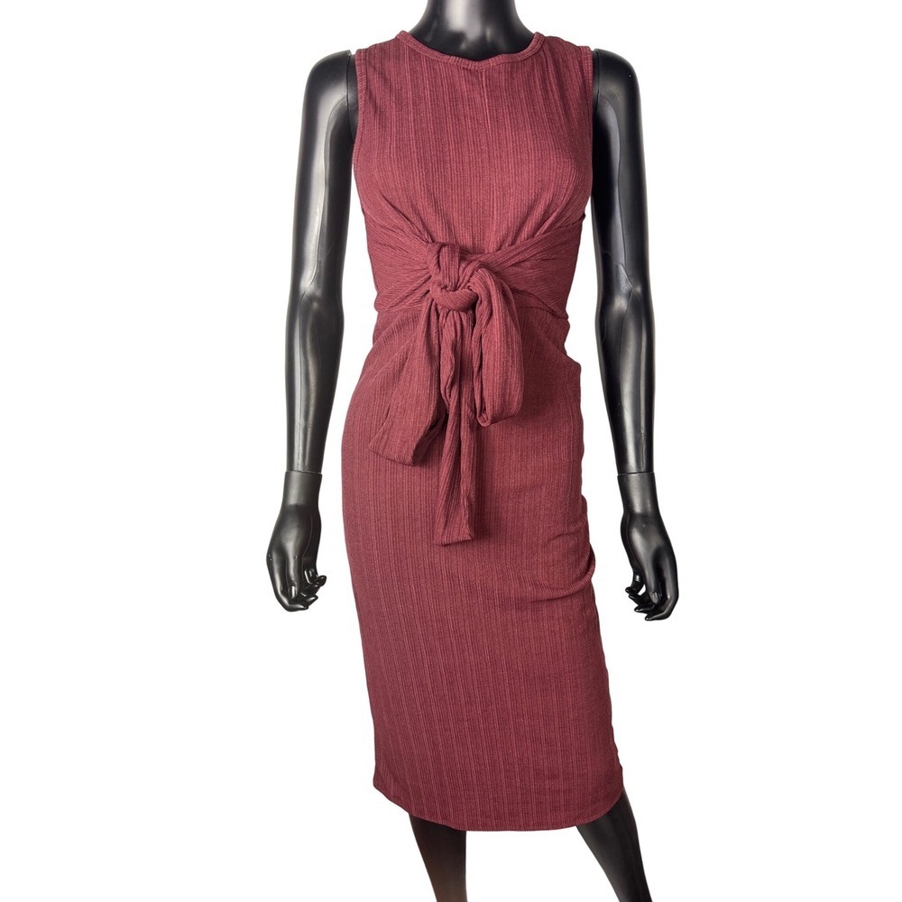 Lush Womens Dress Tie Waist Ribbed‎ Sleeveless Burgundy Knit Bodycon Small